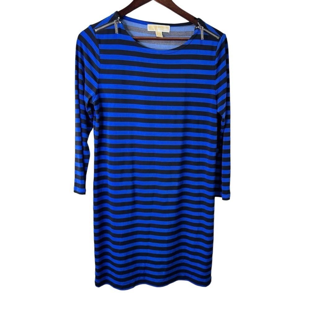Michael Kors Blue & Black Striped Scoop Neck Shift Dress Size Medium